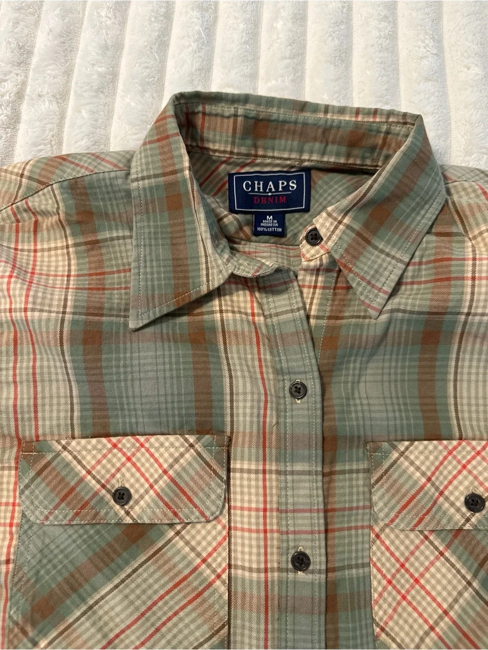VINTAGE Ralph Lauren Chaps Men's Plaid Cotton Shirt in Olive and Tan